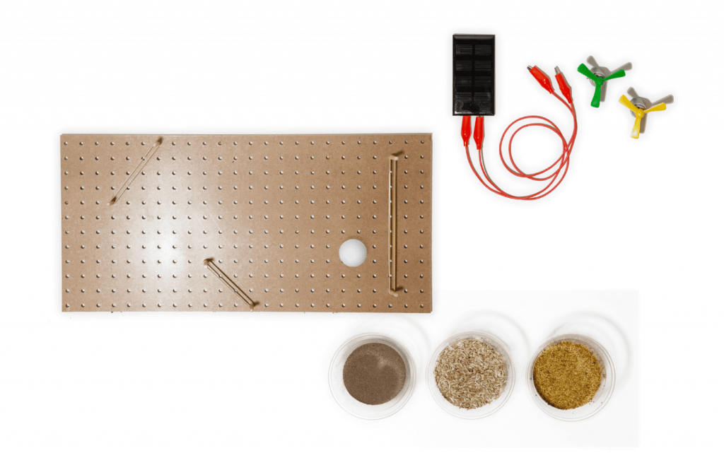 Discover the wonders of Amplify Science with a pegboard, rubber bands, and a ball. Perfect for middle school science enthusiasts, this set also includes an electronic component with wires and clips, complemented by three containers filled with intriguing powders.