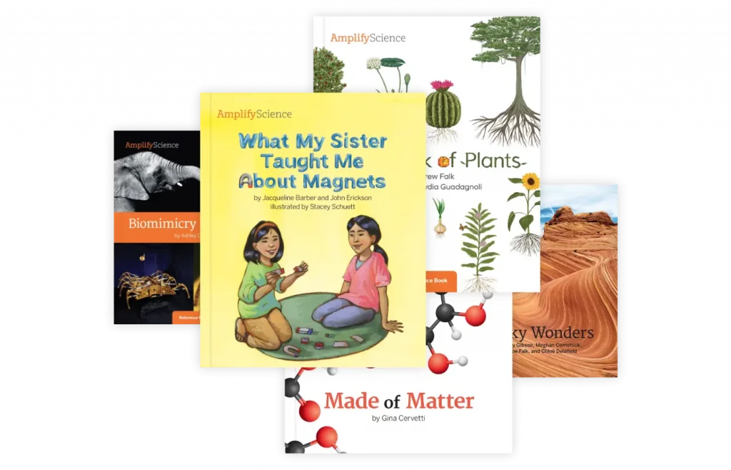 Five educational science books with captivating covers explore fascinating topics like magnets, plants, biomimicry, and geological wonders. Perfect for middle school science enthusiasts, this series complements Amplify Science's engaging curriculum.