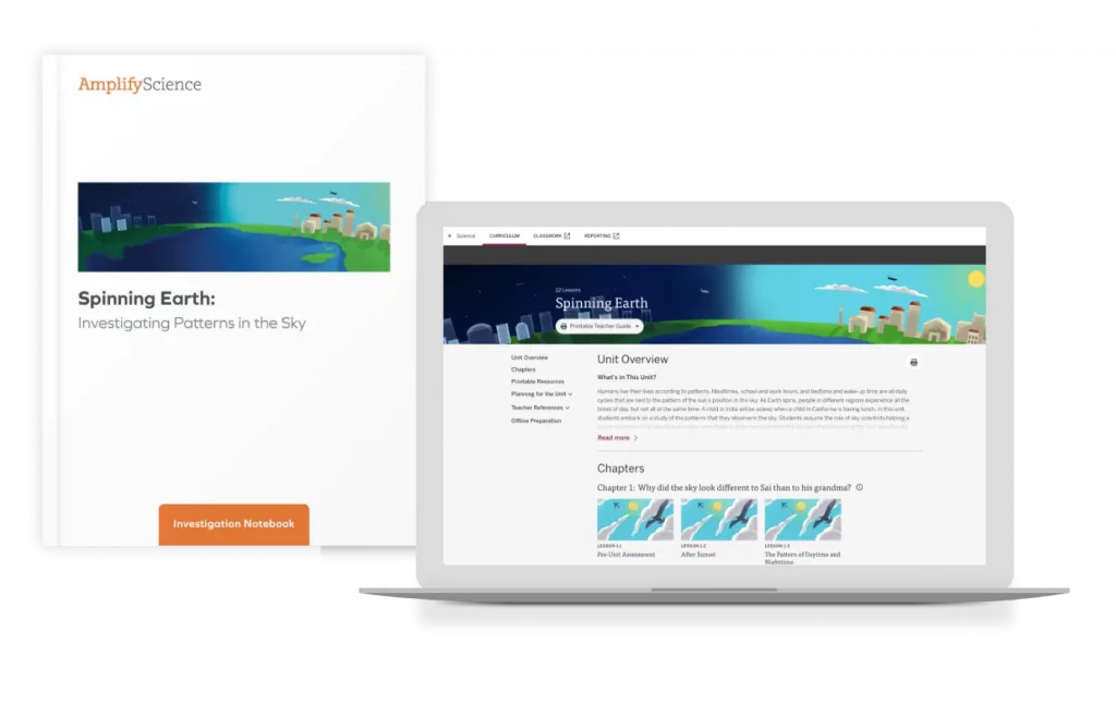A middle school science textbook cover sits beside an open laptop displaying a digital unit overview for "Spinning Earth: Investigating Patterns in the Sky" from Amplify Science.