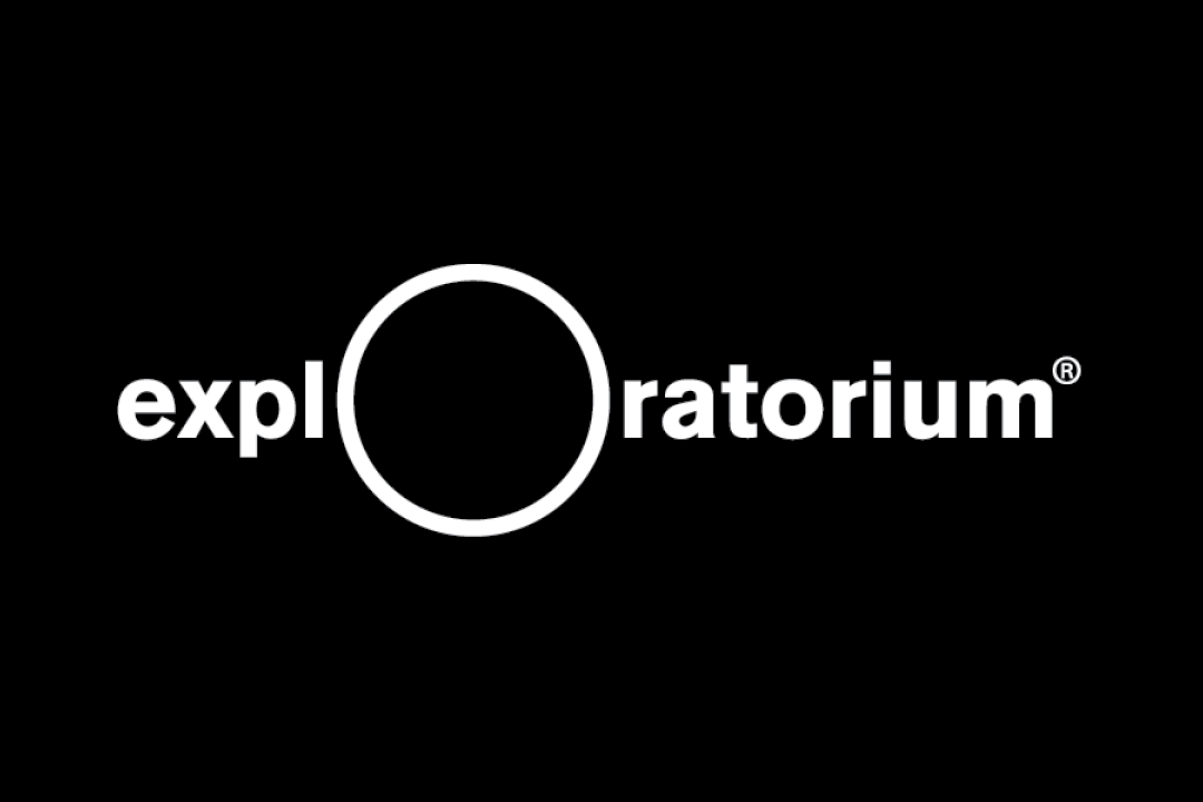 Black background with the word "exploratorium" in white. The letter "O" is stylized as a large circle intersecting the word.