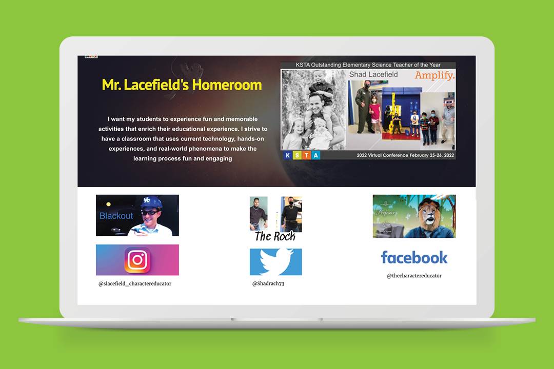 A laptop displays a presentation slide titled "Mr. Lacefield's Homeroom" with social media icons and links on a green background.