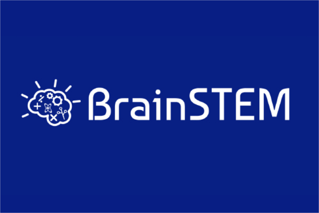 Blue graphic with the word "BrainSTEM." A stylized brain with science symbols is on the left.