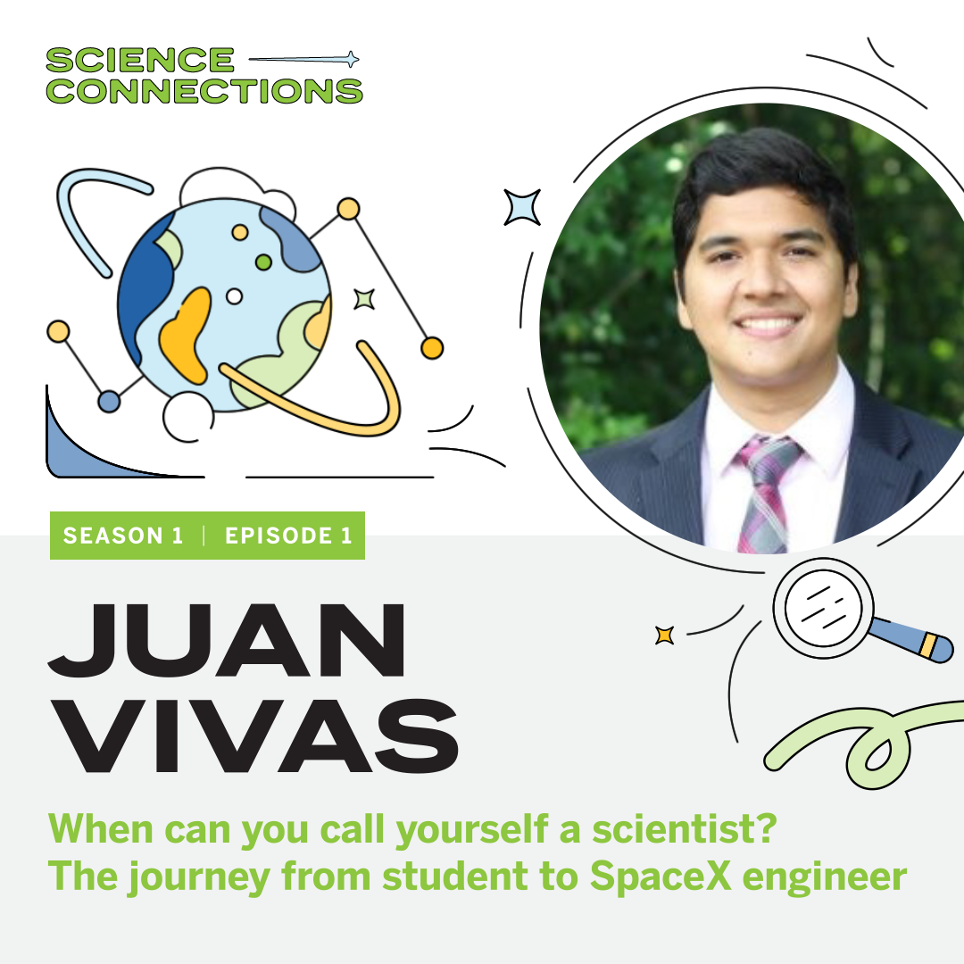 Illustration of Earth with text about a podcast episode featuring Juan Vivas, discussing the journey from student to SpaceX engineer. Includes a photo of a smiling person in a suit.