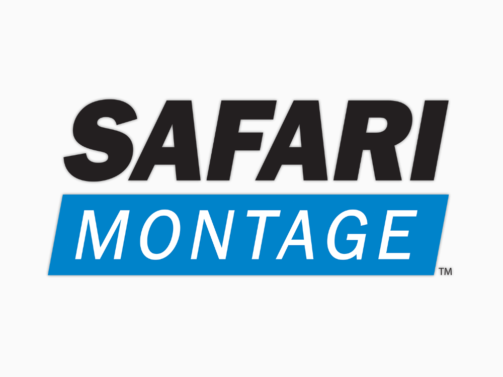 Logo displaying the words "SAFARI MONTAGE" in bold black and blue text.