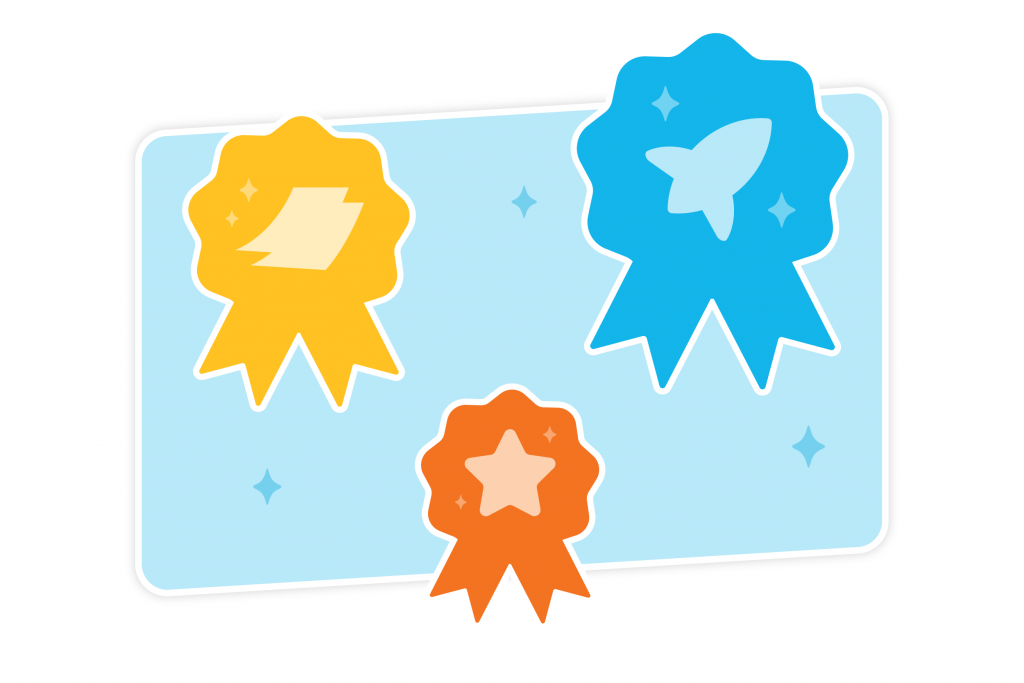 Three ribbons on a blue background: a yellow ribbon with paper symbolizing personalized learning, a blue ribbon with a rocket representing MTSS strategies, and an orange ribbon with a star.