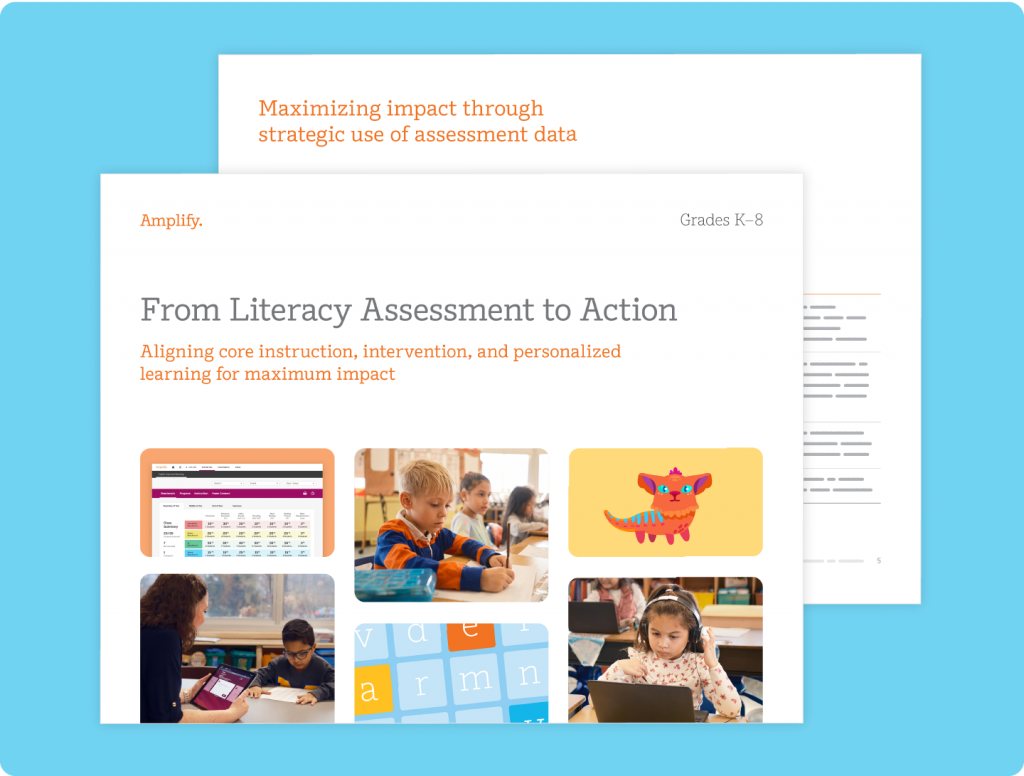 Two educational documents are displayed, focusing on early literacy and literacy assessment for grades K-8. Images of children learning are included on the front page, highlighting their journey in language comprehension skills.