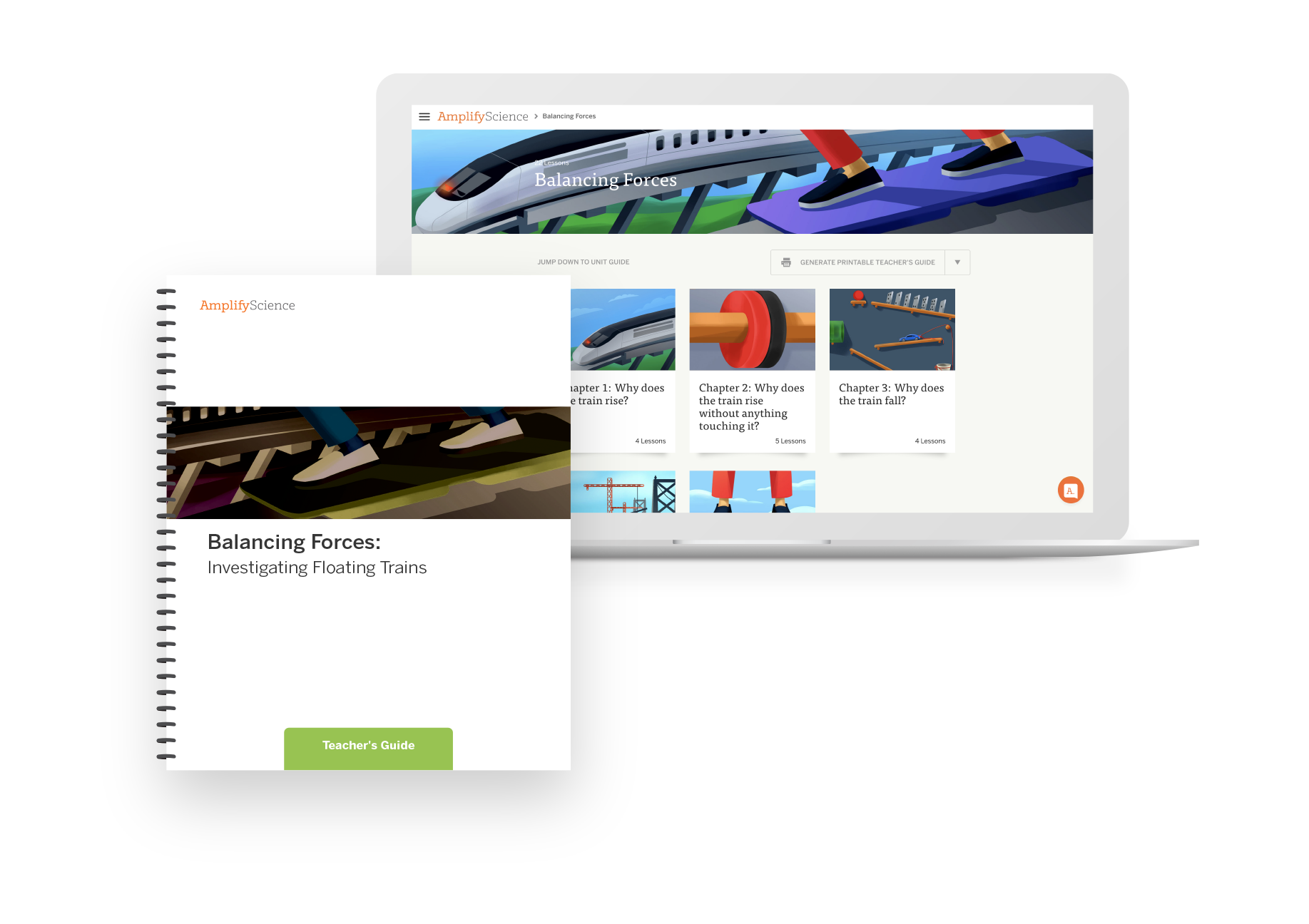 Spiral-bound teacher's guide titled "Balancing Forces: Investigating Floating Trains" next to a laptop displaying related educational content on a website.