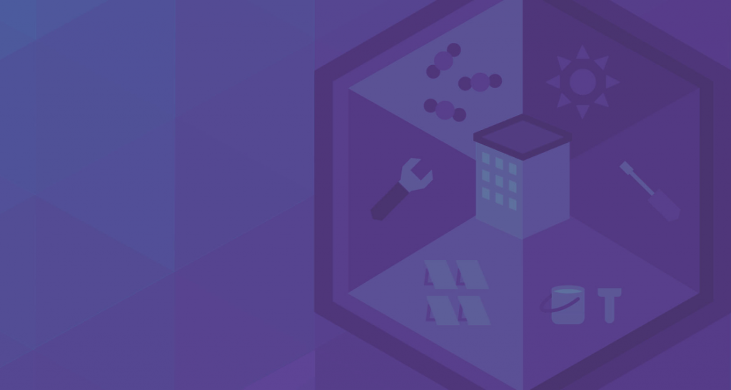 Abstract geometric design in shades of blue and purple featuring a hexagon with icons of a building, wrench, molecules, sun, paint can, and screwdriver.