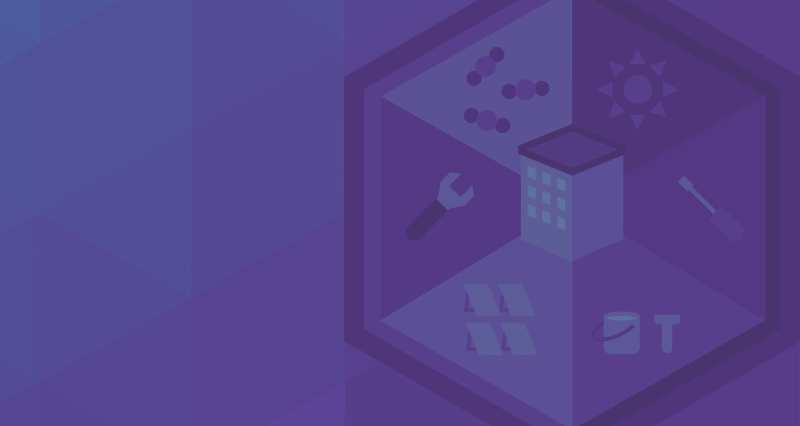 Abstract geometric design in shades of blue and purple featuring a hexagon with icons of a building, wrench, molecules, sun, paint can, and screwdriver.