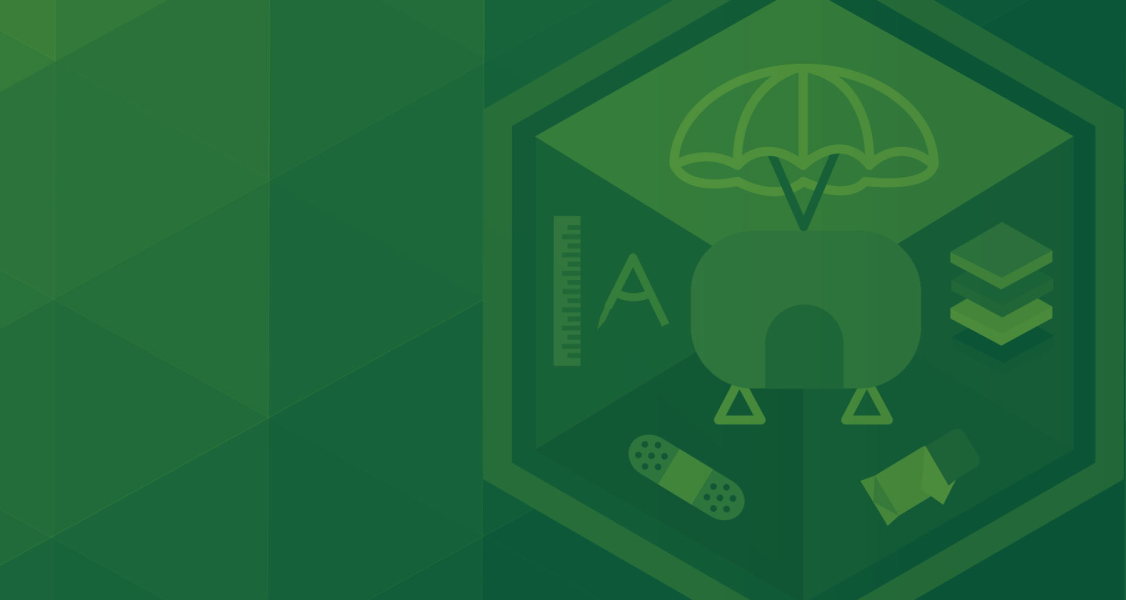 Green geometric background with a hexagonal emblem containing a parachute icon, ruler, bandage, and stacked layers on a gradient pattern.