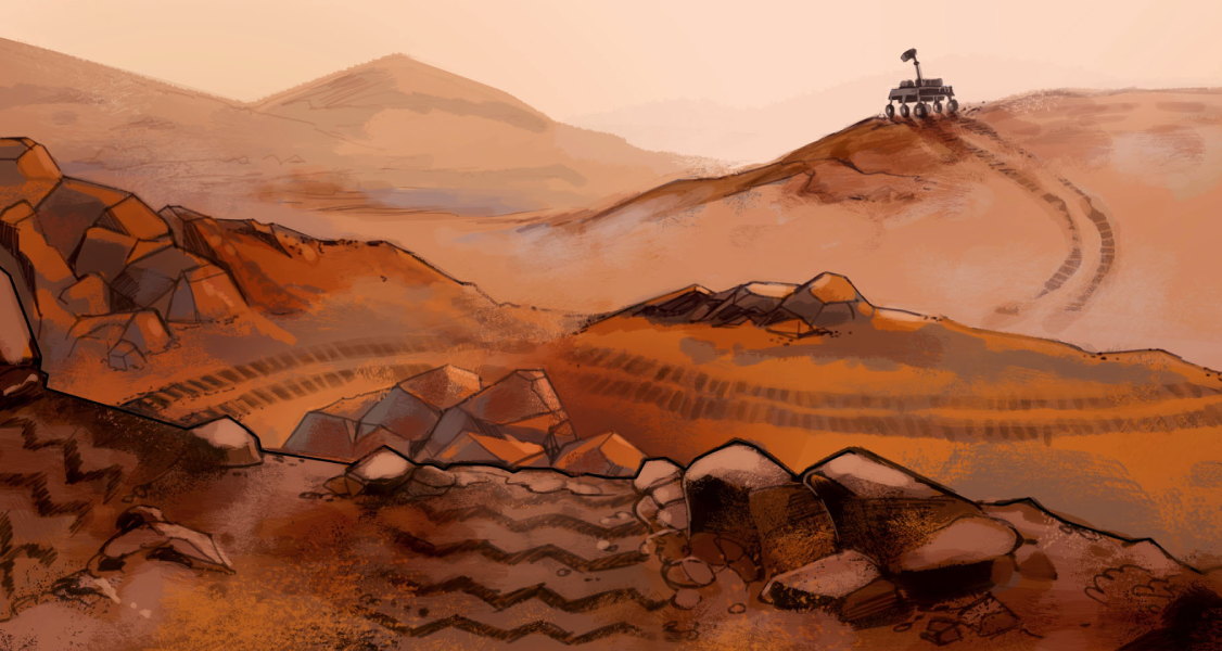 A barren, rocky desert landscape with rover tracks leading to a distant vehicle on a hill under a hazy sky.