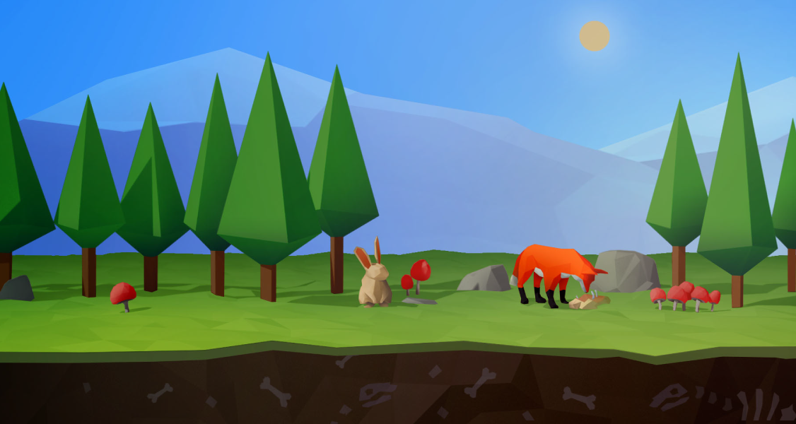 Low-poly landscape with trees and mushrooms. A fox sniffs the ground, a rabbit sits nearby, and mountains and sun are in the background.