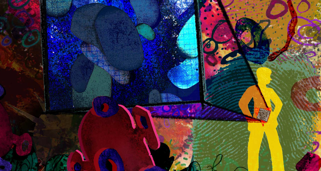 Abstract art with vibrant colors featuring a yellow silhouette of a person holding a book against a background of geometric shapes, swirling patterns, and bold textures.