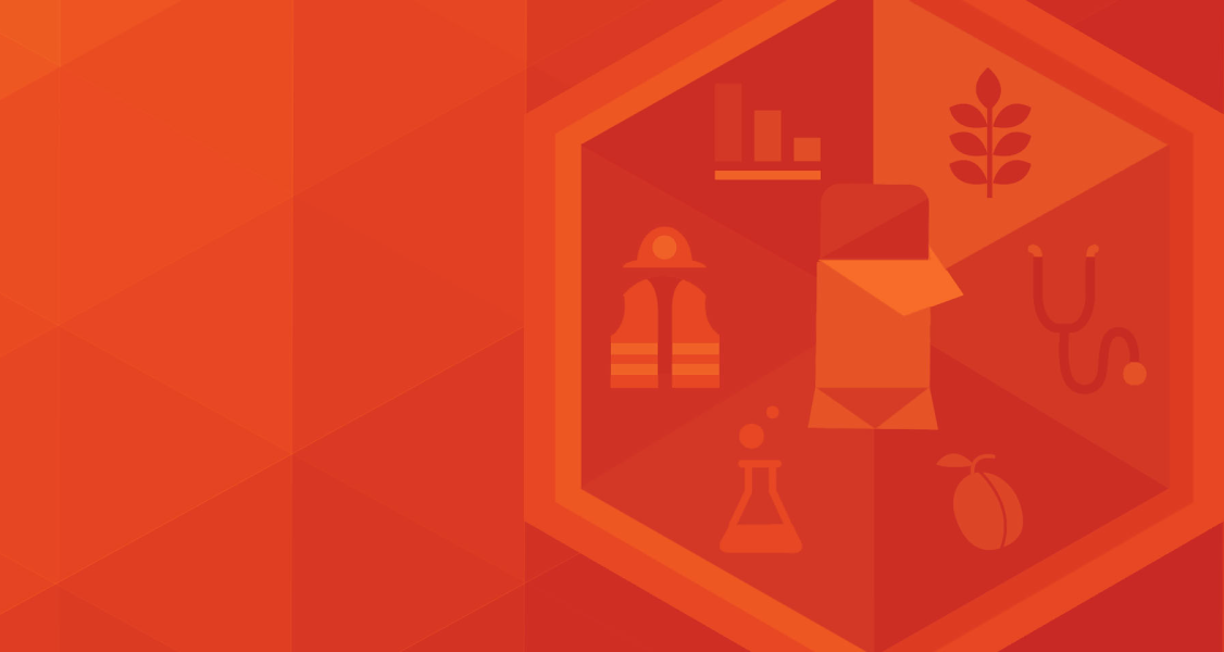 Orange abstract background with hexagonal shapes featuring icons of a bar chart, plant, safety vest, test tube, peach, and stethoscope.