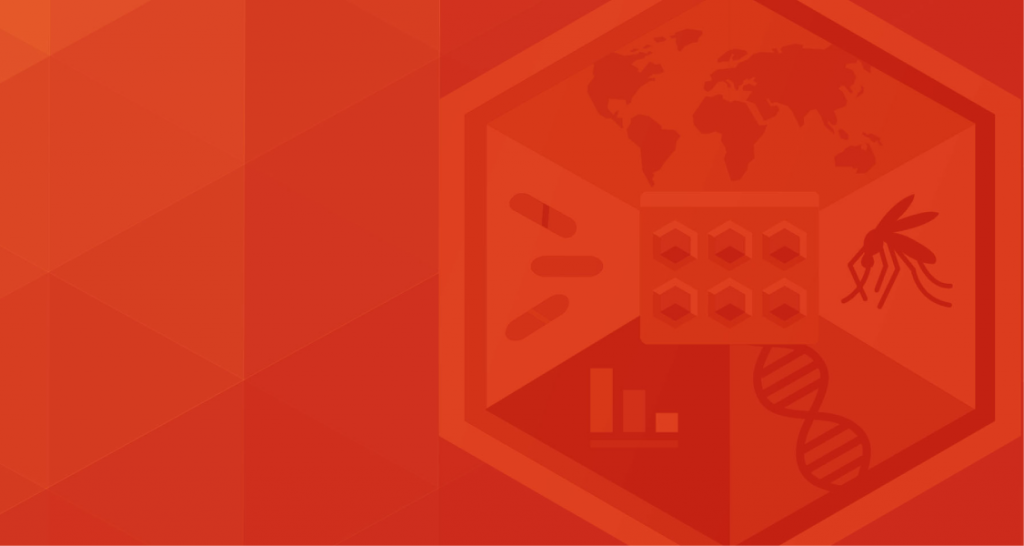 Red geometric background with icons including a mosquito, DNA strand, bar chart, and world map inside a hexagon.