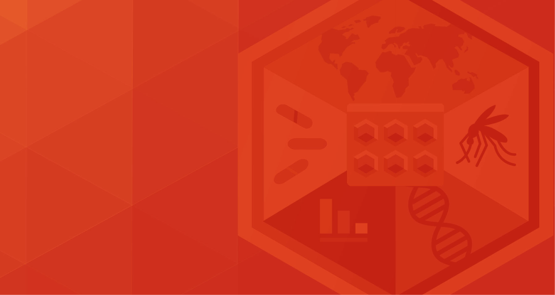 Red geometric background with icons including a mosquito, DNA strand, bar chart, and world map inside a hexagon.