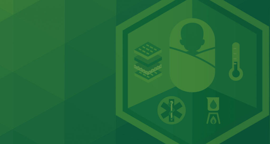Green geometric graphic featuring icons: a baby, thermometer, layers, medical alert, and a flame.