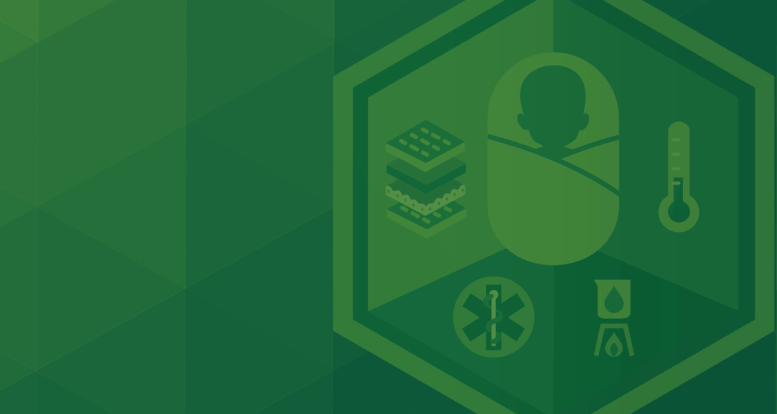 Green geometric graphic featuring icons: a baby, thermometer, layers, medical alert, and a flame.