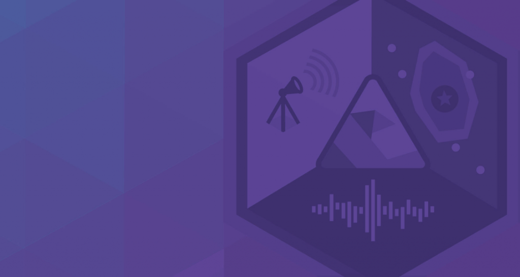 Geometric design featuring a telescope, mountain, sound waves, and cosmic elements on a purple hexagonal background.