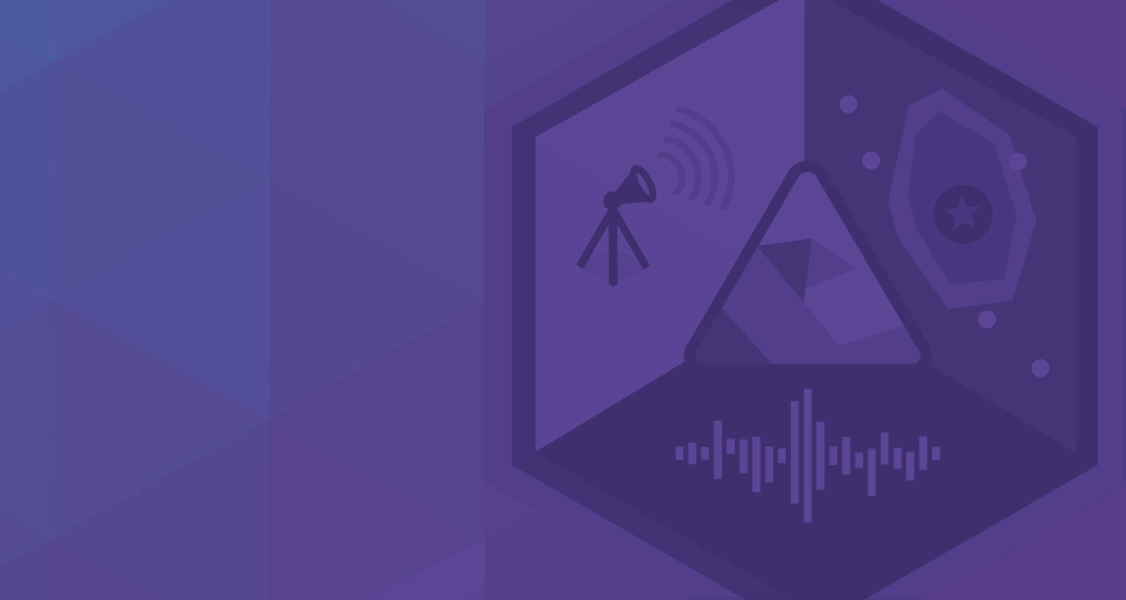 Geometric design featuring a telescope, mountain, sound waves, and cosmic elements on a purple hexagonal background.