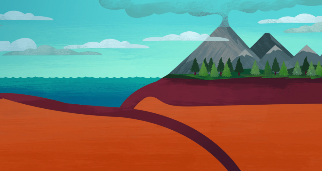 Illustration of a cross-section of Earth showing a volcano near the ocean. Trees, mountains, and clouds are visible above, with subterranean layers below.