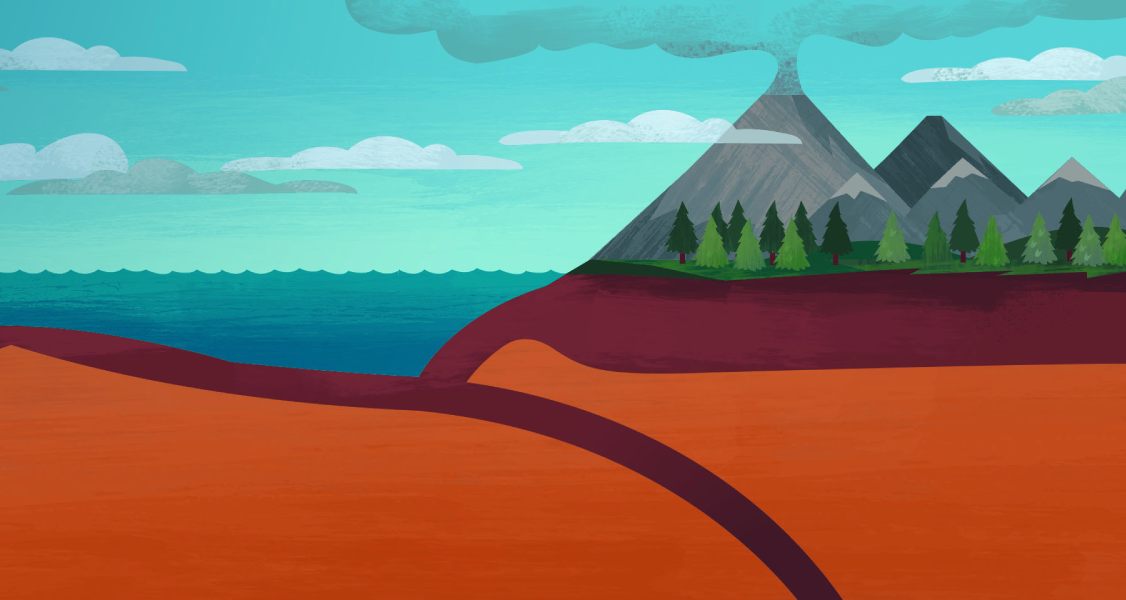 Illustration of a cross-section of Earth showing a volcano near the ocean. Trees, mountains, and clouds are visible above, with subterranean layers below.