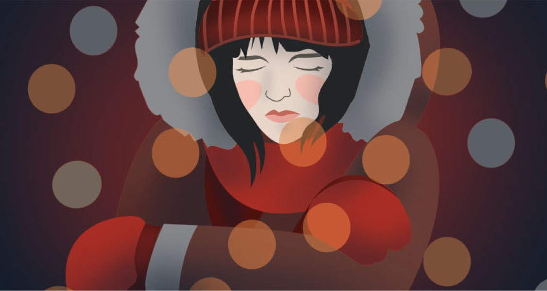 Illustration of a person in a red hat and fur-lined coat with eyes closed, surrounded by large orange circles on a dark background.