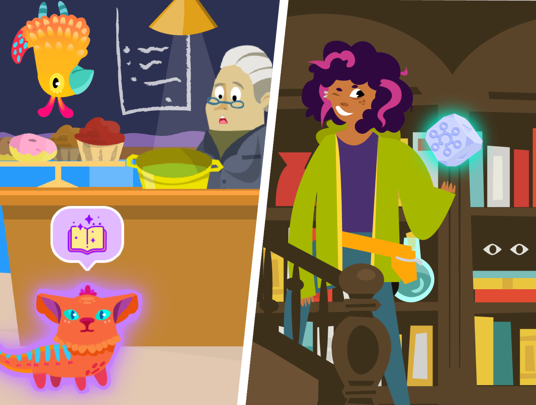 Cartoon split scene: Left shows a colorful bakery with a surprised customer and animatronic cat. Right depicts a person smiling while holding a glowing cube in a cozy room with bookshelves.