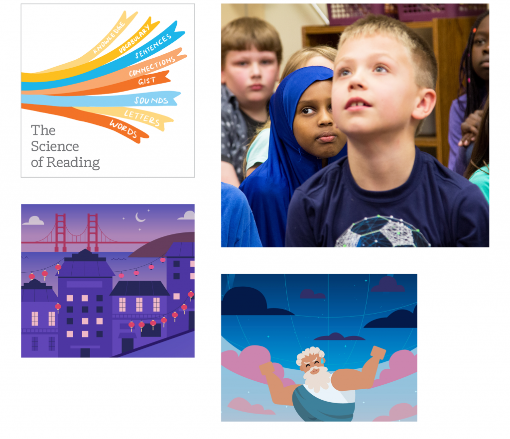 Children attentively watch something; one child wears a blue shirt and others are visible in the background. Illustrations include reading, a city with a bridge, and a figure resembling Poseidon.