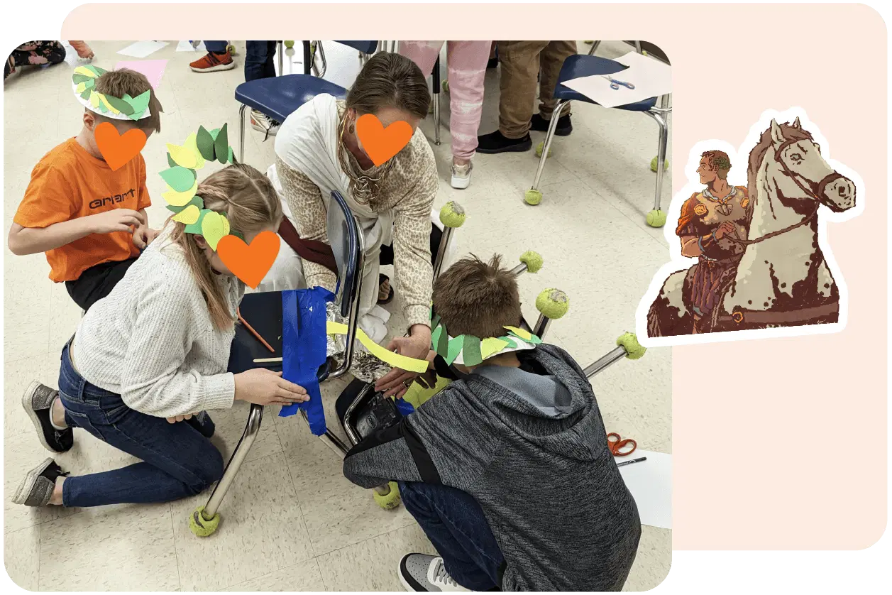 Group of students assembling a creative project with a chair and tape in a classroom. A sticker of an ancient rider on horseback is in the corner.