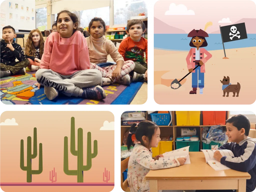 Children sit on a classroom rug, guided by the literacy curriculum, as a pirate character stands on a beach. Two cacti in a desert add to the scene, and two children interact at a table with resources for teachers.