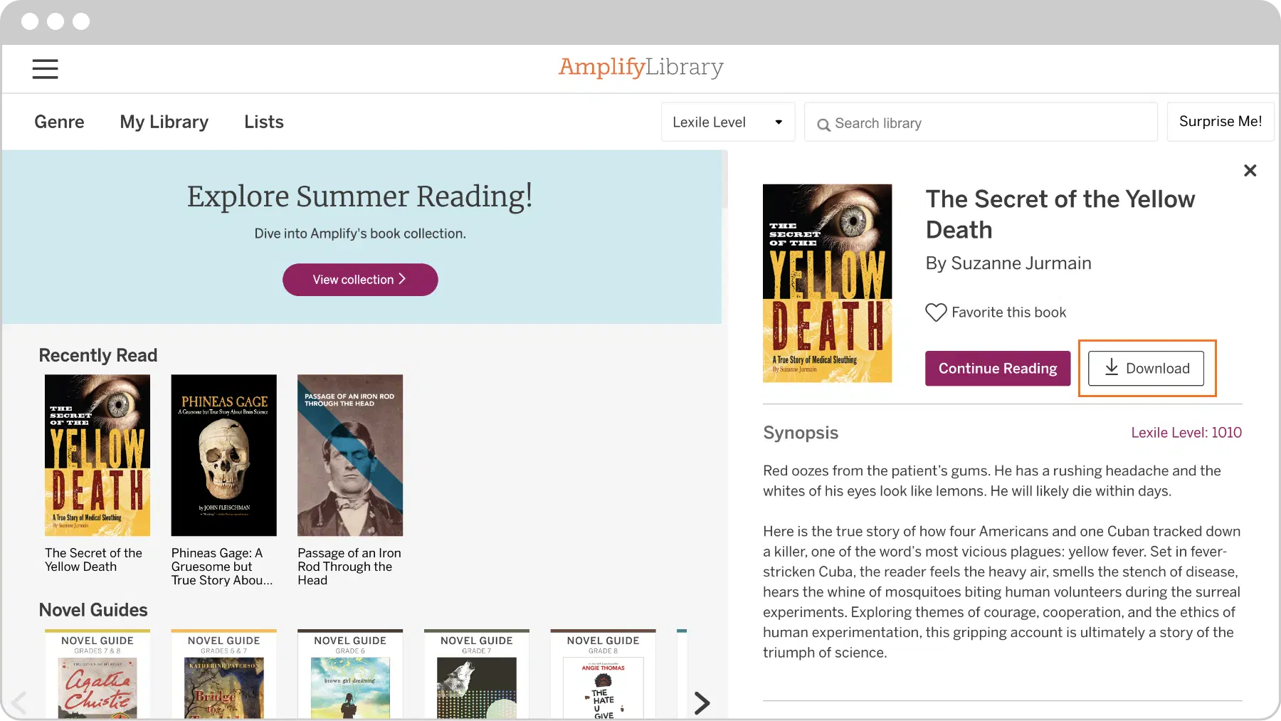 Screenshot of a digital library interface showing a book titled "The Secret of the Yellow Death" with options to continue reading or download. A sidebar suggests new reading lists and guides.