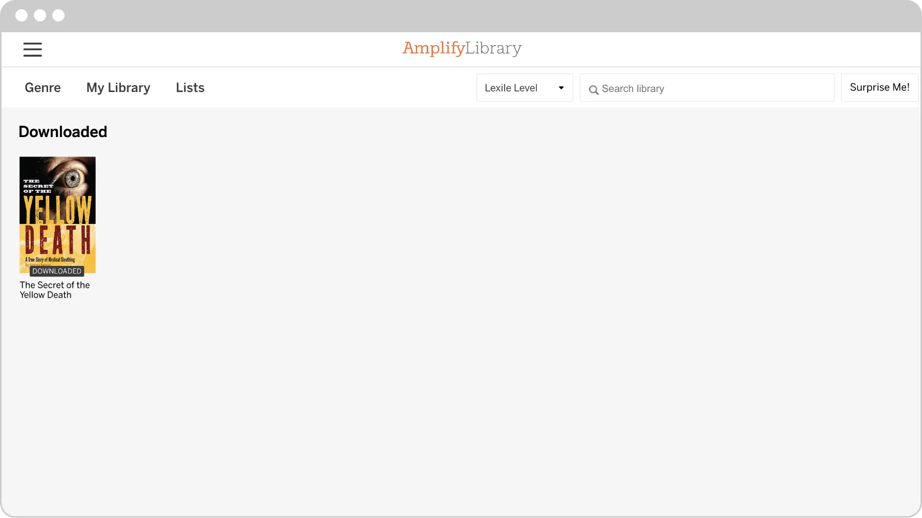 A digital library interface displays a book titled "Yellow Death" under the "Downloaded" section. Options for sorting by genre, lexile level, and a search bar are visible at the top.
