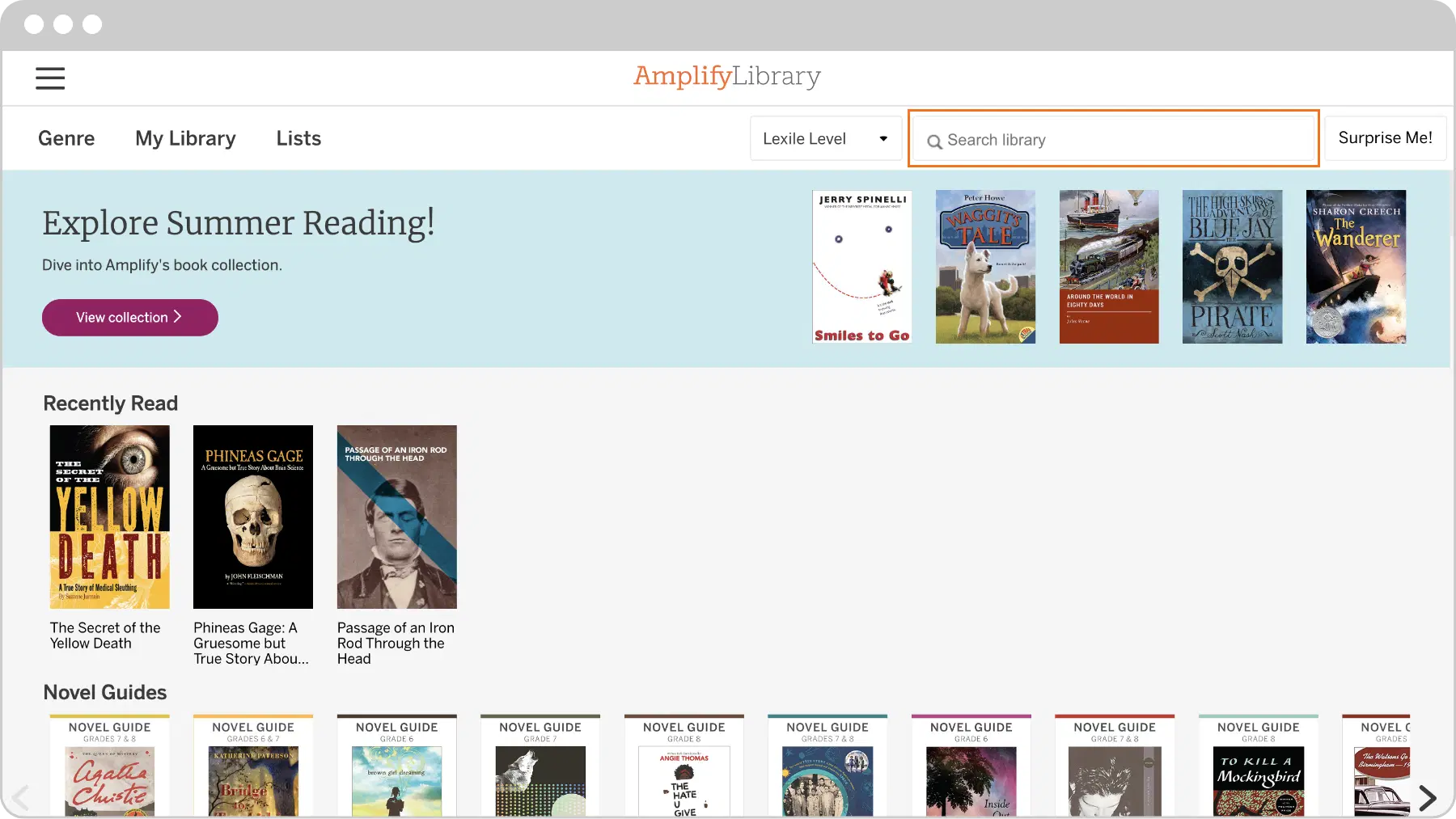 A digital library webpage showing books and novel guides. The menu includes genre, my library, and lists. The banner promotes summer reading. Recently read books are displayed.
