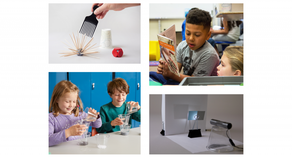 A collage of four images: building a toothpick structure, a boy reading a book to a girl, two children conducting a water experiment, and a light projection setup.