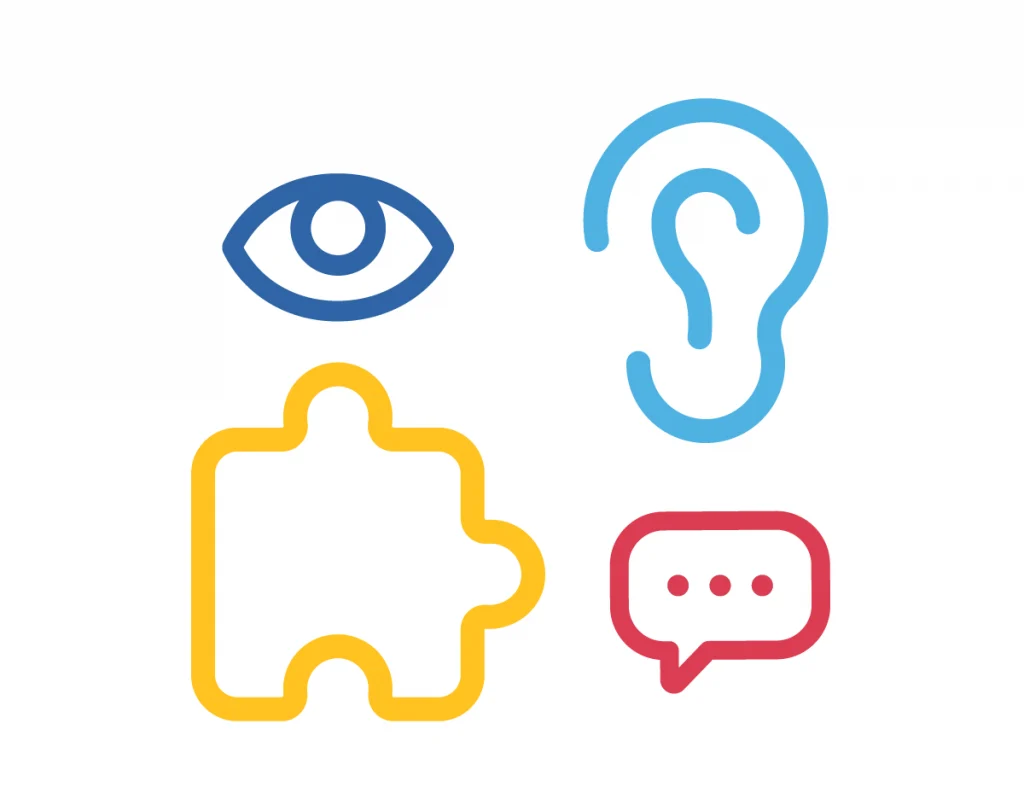 Symbols of an eye, ear, puzzle piece, and speech bubble in blue, yellow, and red colors, representing visual, auditory, problem-solving, and communication concepts.