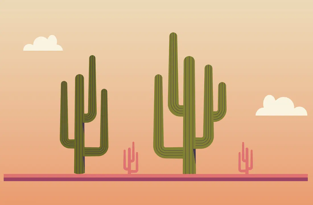 Ilustración de tres cactus verdes de diferentes tamaños en un paisaje desértico naranja plano con dos pequeñas nubes en el cielo.