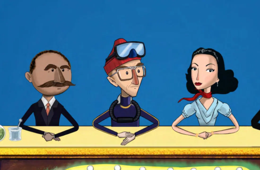 Tres personajes animados están sentados en una mesa: un hombre con bigote, una persona en traje de buceo con gafas y una mujer de cabello negro y un pañuelo rojo.