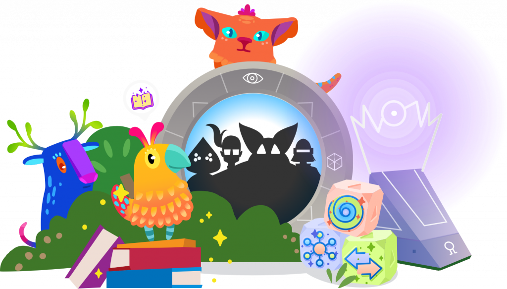 Colorful cartoon animals and objects surround a circular portal with a purple glowing ring, featuring silhouetted figures in its center.