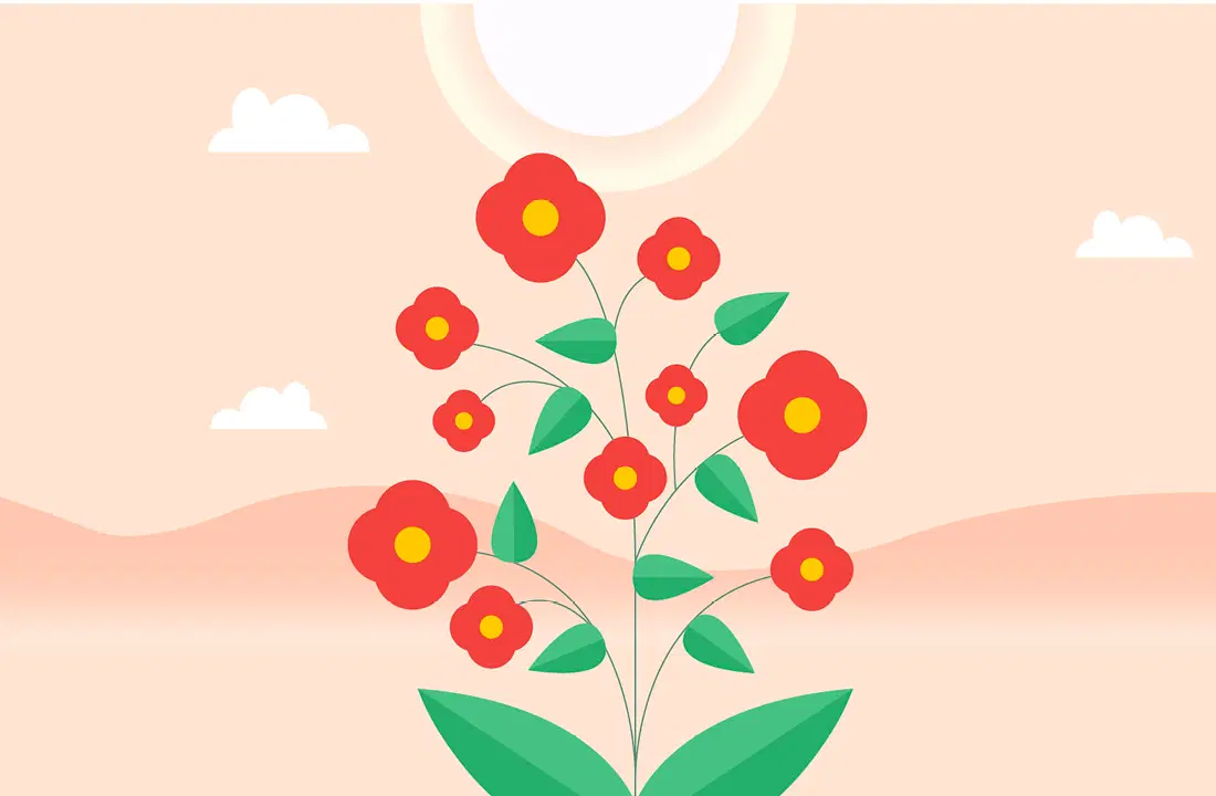Una ilustración de una planta con flores rojas y hojas verdes sobre un fondo de colinas, nubes y un gran sol.