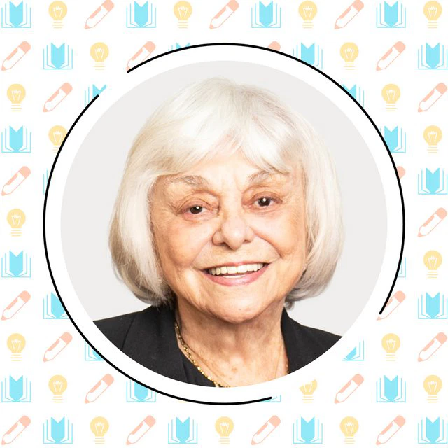 Elderly person with short white hair smiling, surrounded by a border with a background of lightbulb, book, and pencil icons.