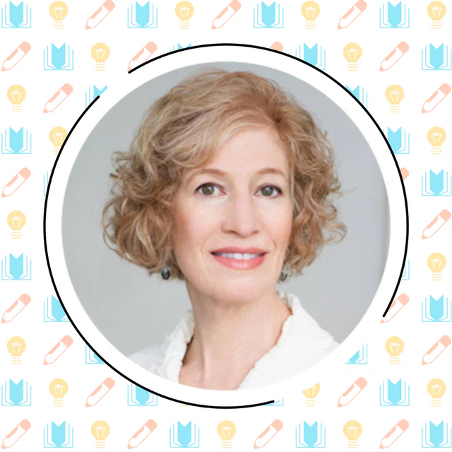 Portrait of a woman with curly blonde hair and a white shirt, set against a background with icons of books, pens, and lightbulbs.