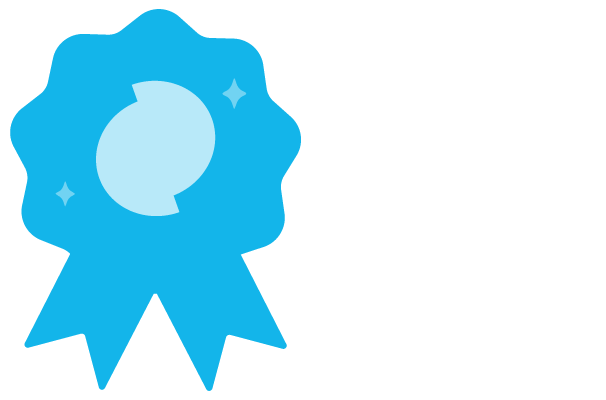 A blue award ribbon with a circular center and two hanging ribbons, featuring small star-like decorations.