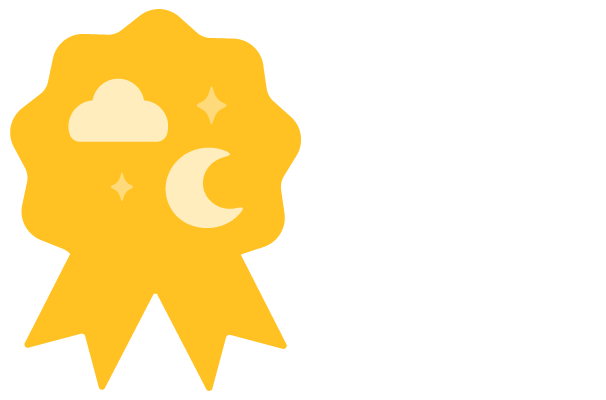 A yellow award ribbon icon featuring a cloud, star, and crescent moon.