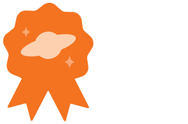 Orange ribbon badge with a stylized planet and two stars in the center on a black background.