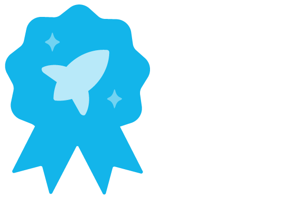 Blue ribbon with a silhouette of a rocket in the center, surrounded by small sparkles, on a black background.