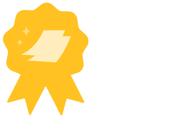 A yellow badge with a light reflection design, featuring two ribbon tails at the bottom.