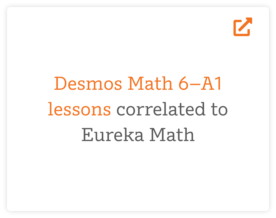 Text reads: "Desmos Math 6–A1 lessons correlated to Eureka Math" with an external link icon.
