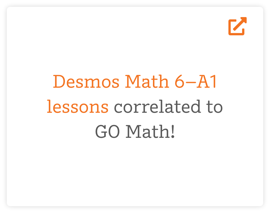 Text image with the words: "Desmos Math 6–A1 lessons correlated to GO Math!" and an external link icon in the top right corner.