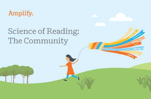 Illustration of a girl running with a kite labeled with reading skills over a green landscape. Text reads "Amplify. Science of Reading: The Community.